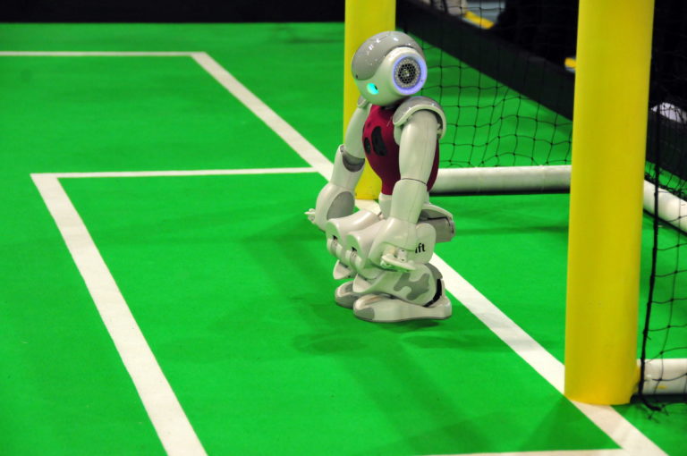 A robot guarding a football goal